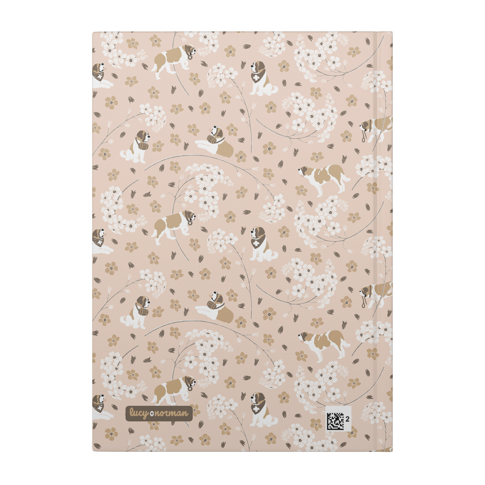 Forget Me Not Saint Bernard hardcover lined journal with a soft blush cover featuring Saint Bernards among delicate white and golden florals.