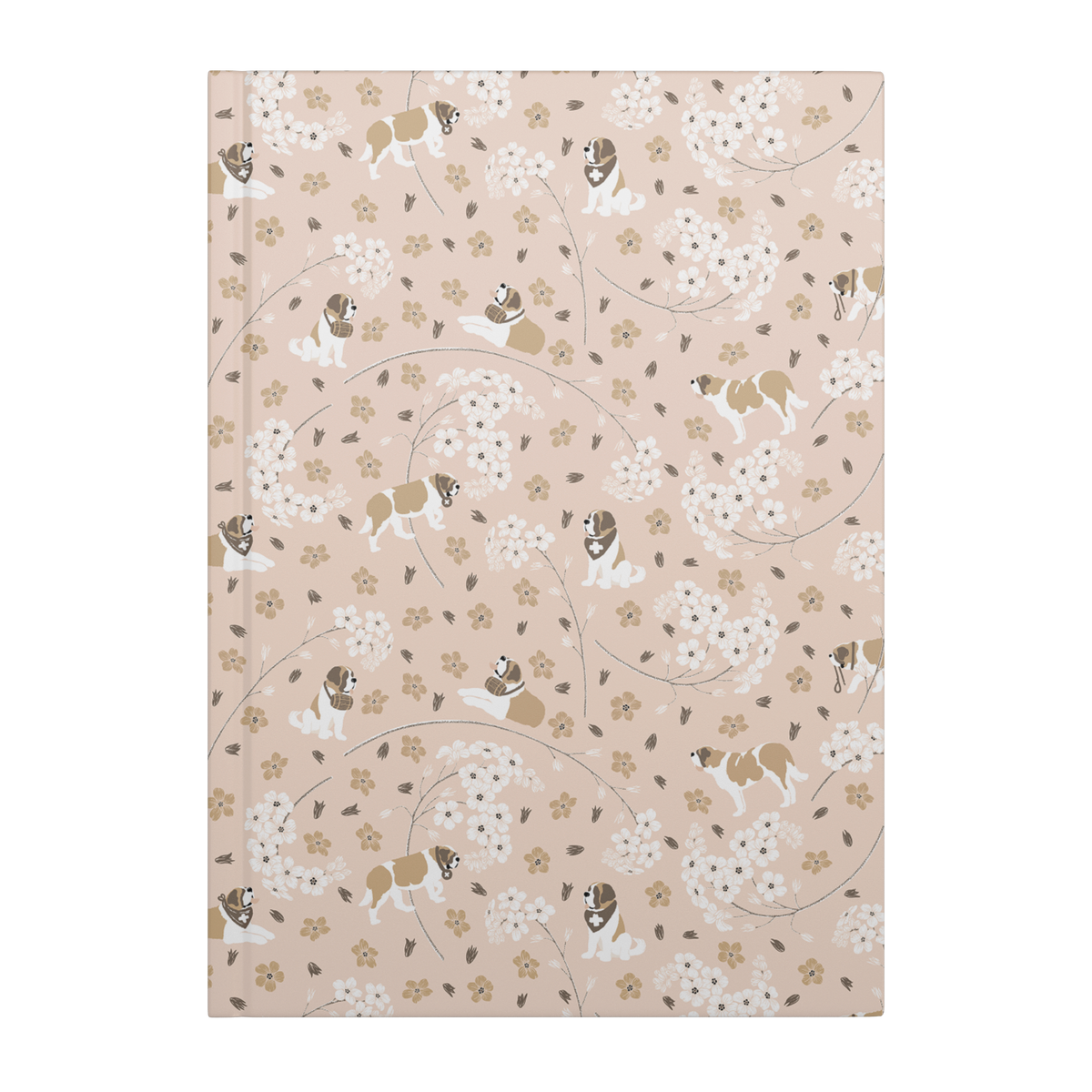 Forget Me Not Saint Bernard hardcover lined journal with a soft blush cover featuring Saint Bernards among delicate white and golden florals.