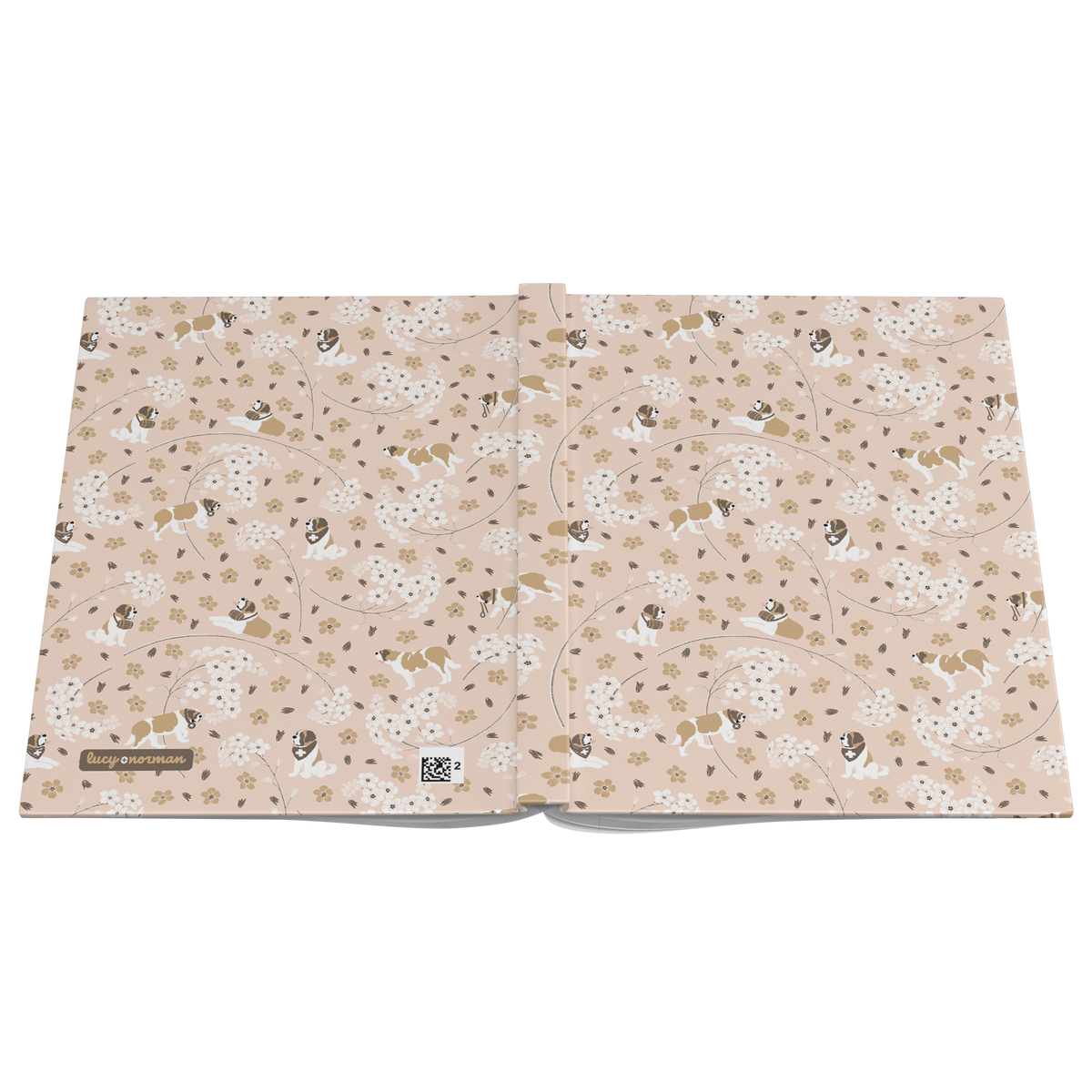 Forget Me Not Saint Bernard hardcover lined journal with a soft blush cover featuring Saint Bernards among delicate white and golden florals.