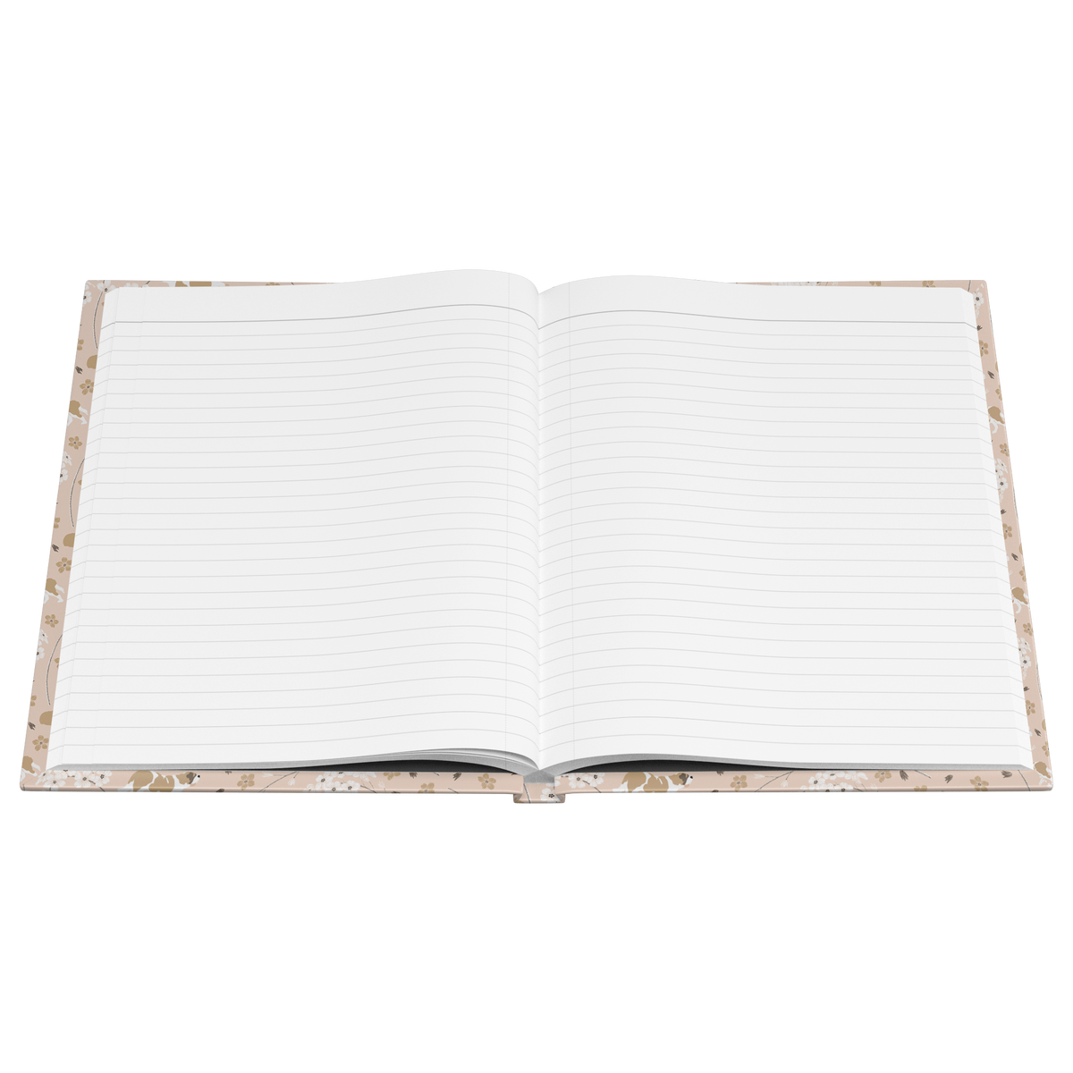 Forget Me Not Saint Bernard hardcover lined journal with a soft blush cover featuring Saint Bernards among delicate white and golden florals.