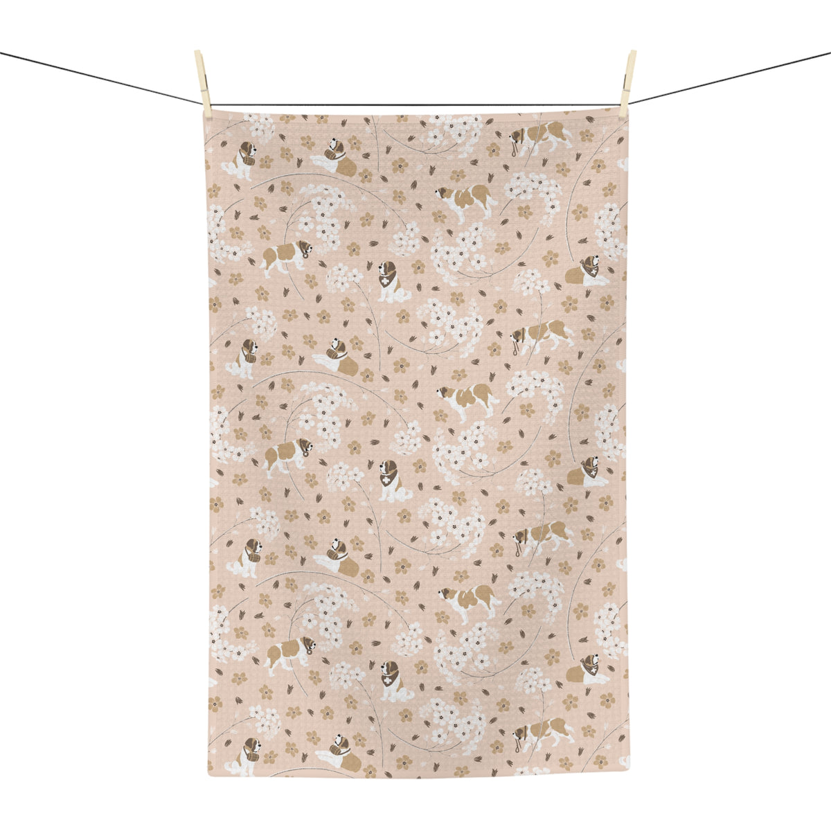 Forget Me Not Saint Bernard microfiber tea towel with a soft blush print of Saint Bernards among delicate white and golden florals.