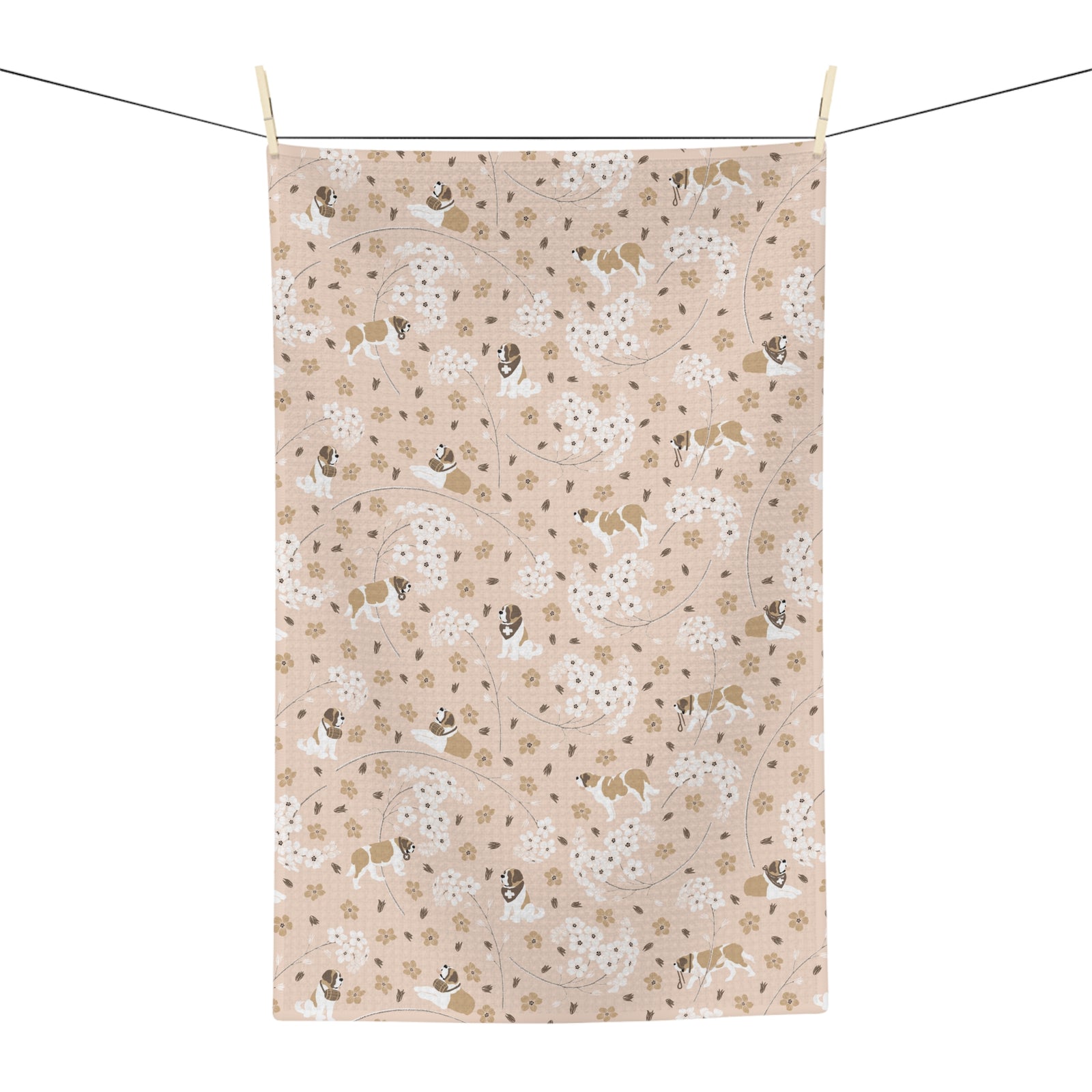 Forget Me Not Saint Bernard microfiber tea towel with a soft blush print of Saint Bernards among delicate white and golden florals.
