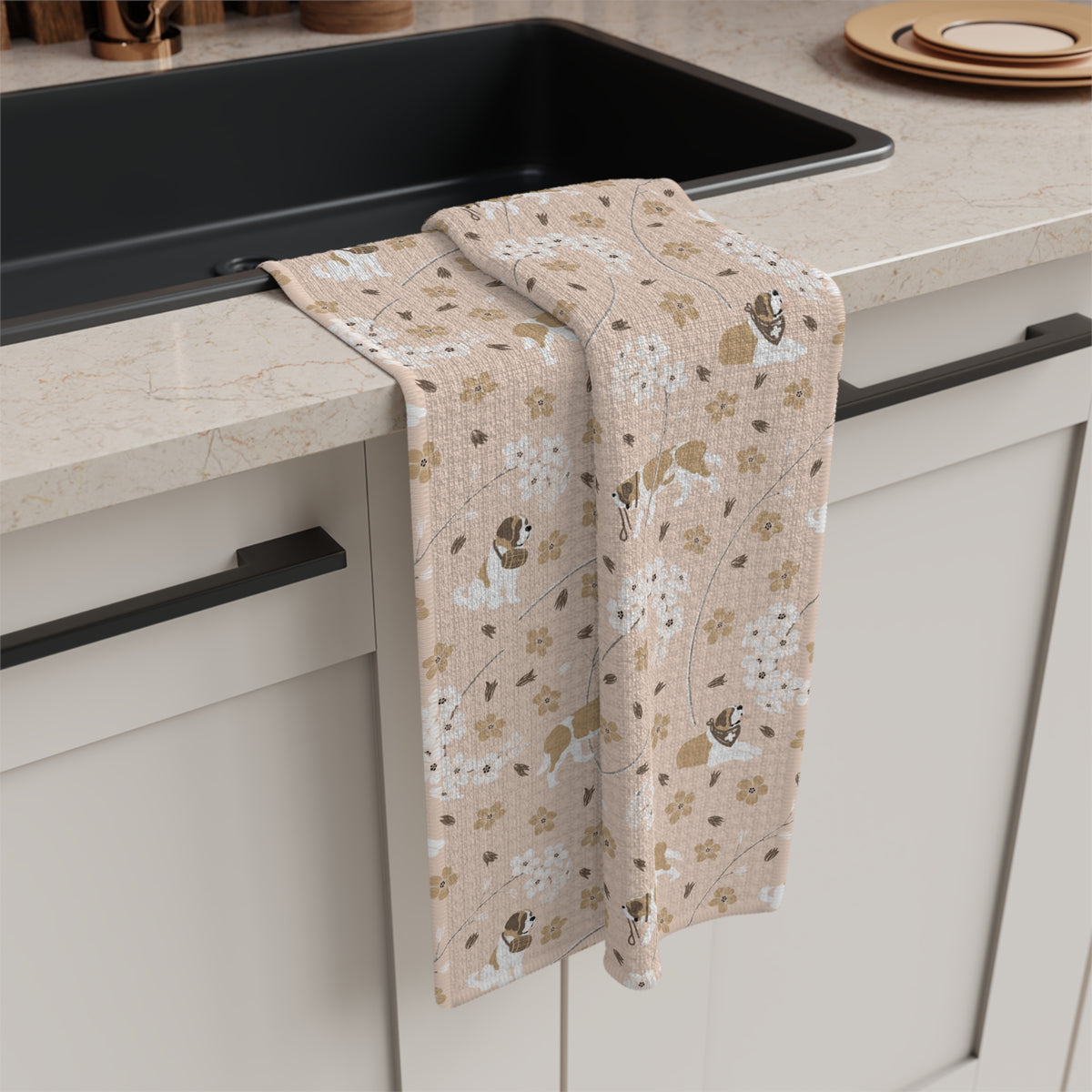 Forget Me Not Saint Bernard microfiber tea towel with a soft blush print of Saint Bernards among delicate white and golden florals.