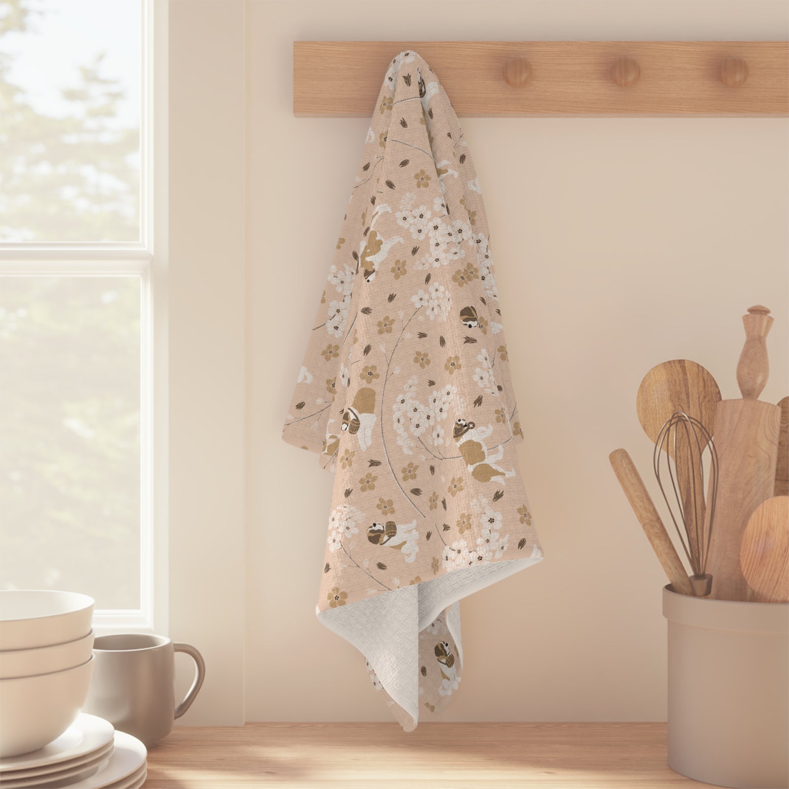 Forget Me Not Saint Bernard microfiber tea towel with a soft blush print of Saint Bernards among delicate white and golden florals.
