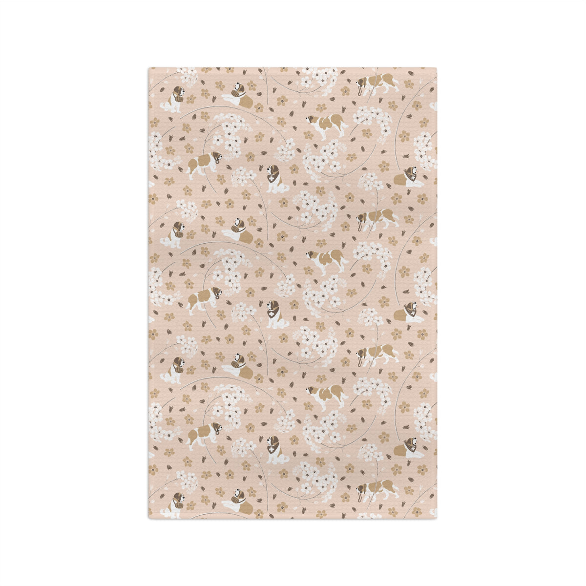 Forget Me Not Saint Bernard microfiber tea towel with a soft blush print of Saint Bernards among delicate white and golden florals.