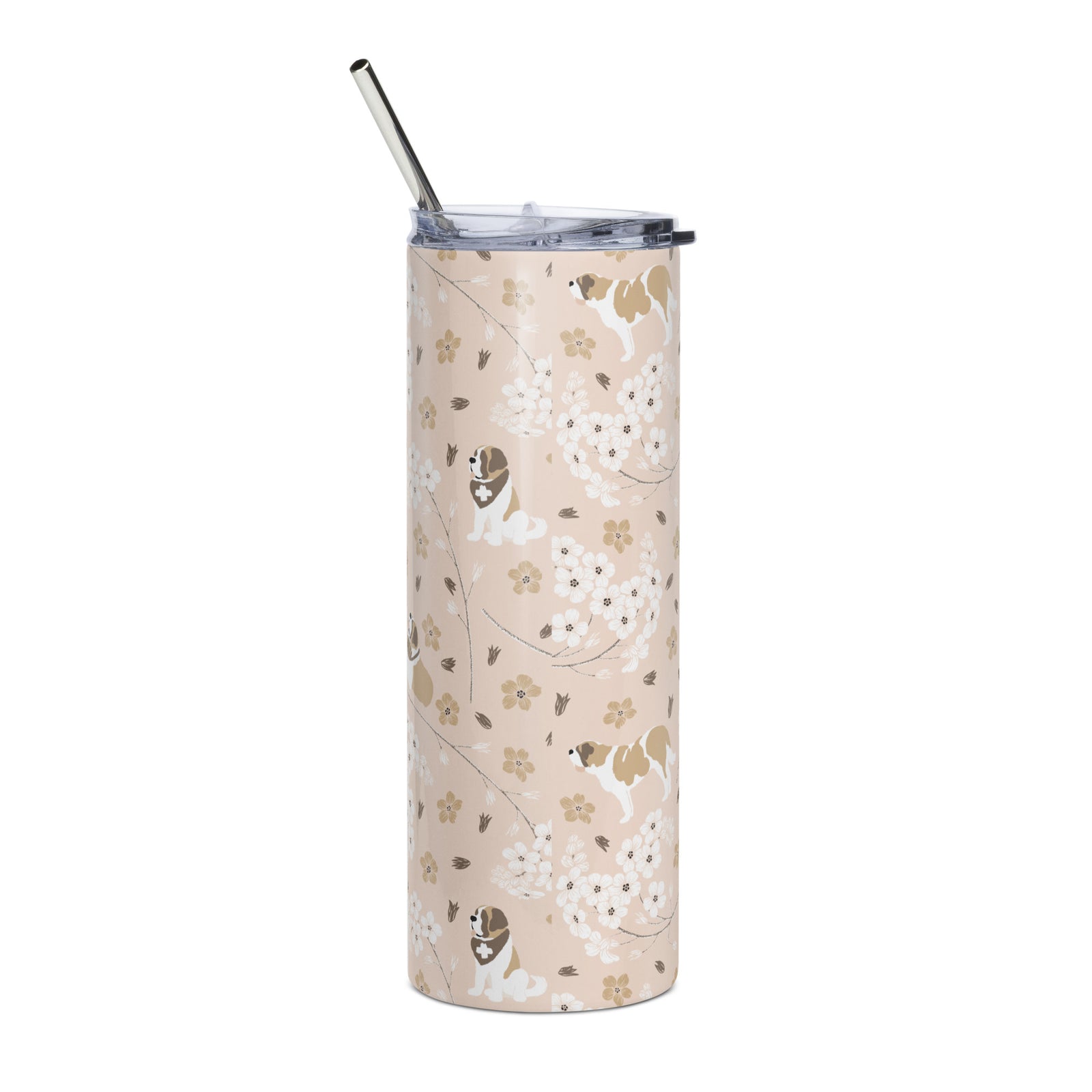 Stainless steel Forget Me Not Saint Bernard skinny tumbler with a blush finish featuring Saint Bernards among delicate white and golden florals, with a lid and metal straw.