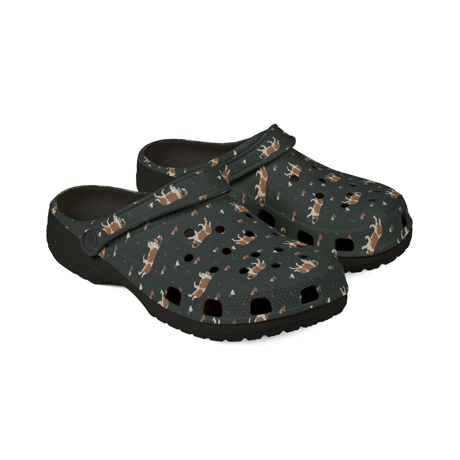 Black EVA clog shoes with an all-over forest green Saint Bernard and mountain pattern by Lucy and Norman