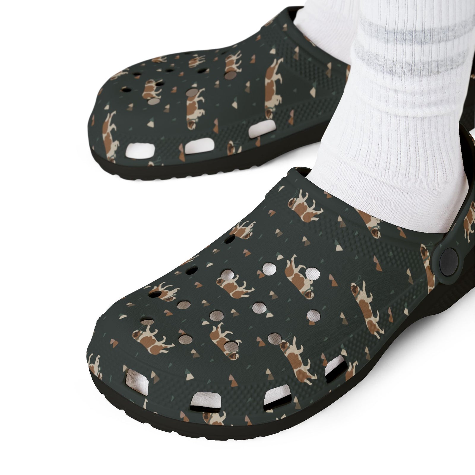 Black EVA clog shoes with an all-over forest green Saint Bernard and mountain pattern by Lucy and Norman