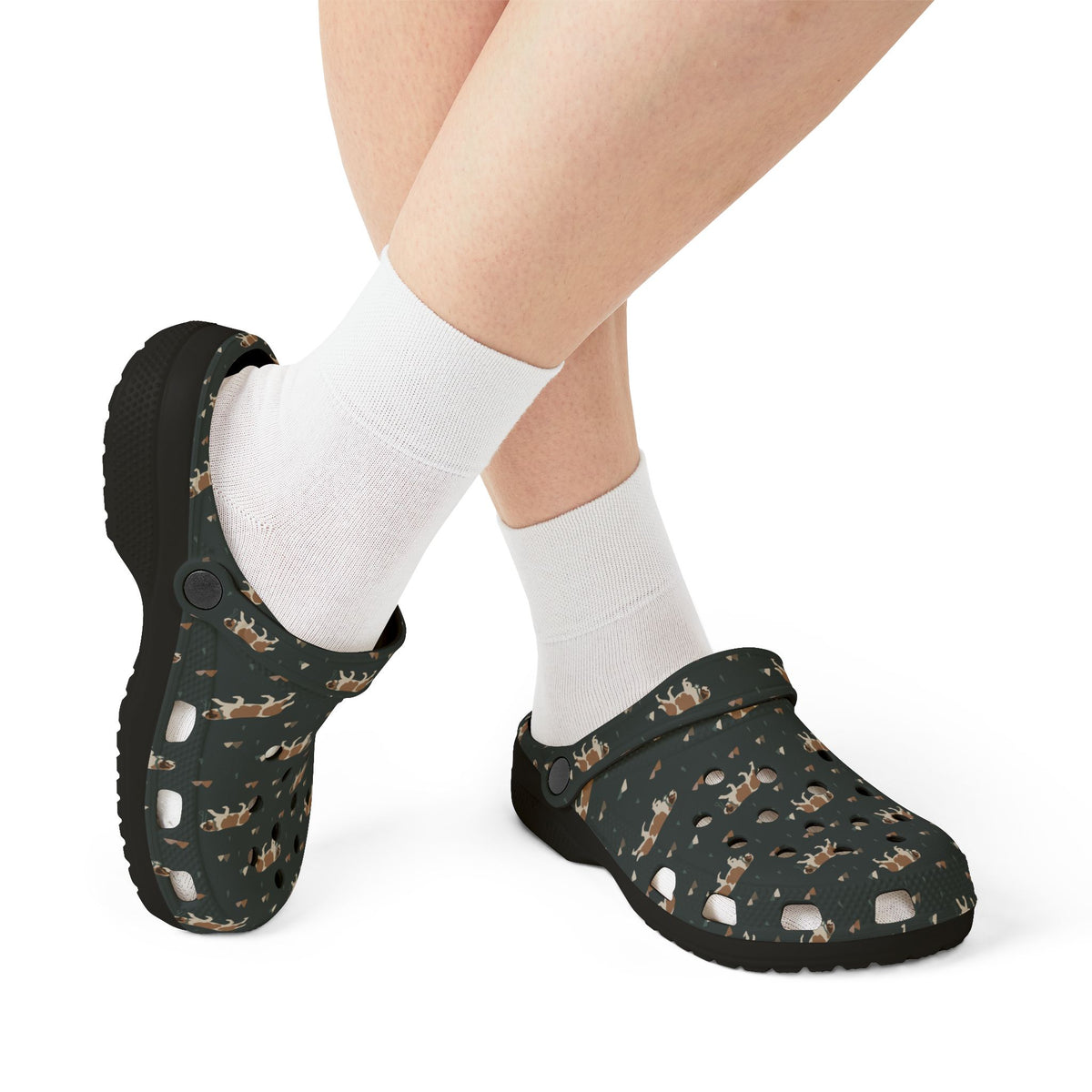 Black EVA clog shoes with an all-over forest green Saint Bernard and mountain pattern by Lucy and Norman