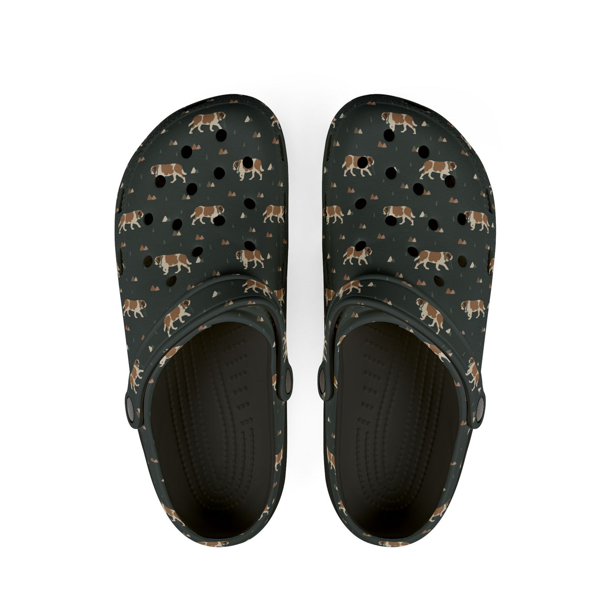 Black EVA clog shoes with an all-over forest green Saint Bernard and mountain pattern by Lucy and Norman