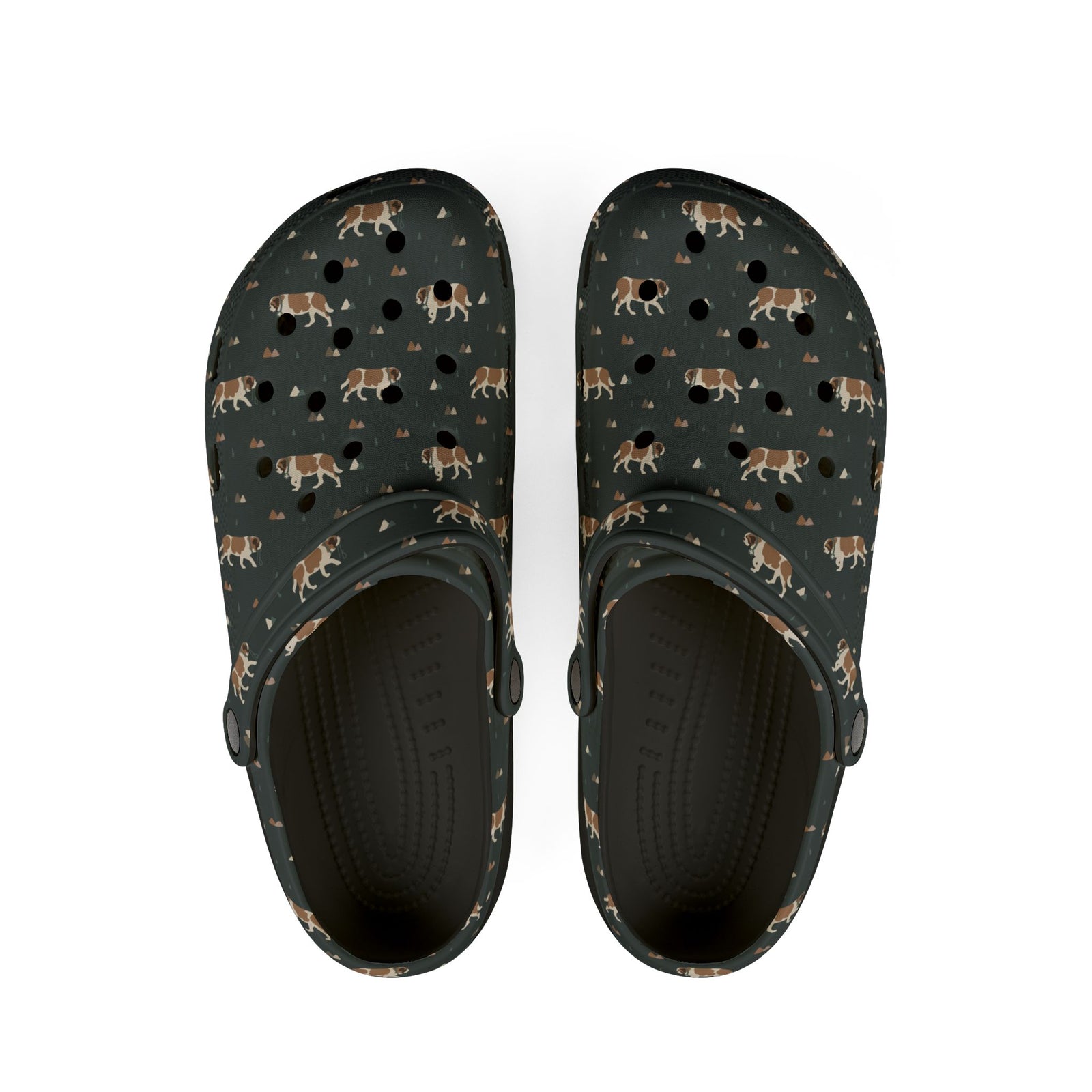 Black EVA clog shoes with an all-over forest green Saint Bernard and mountain pattern by Lucy and Norman