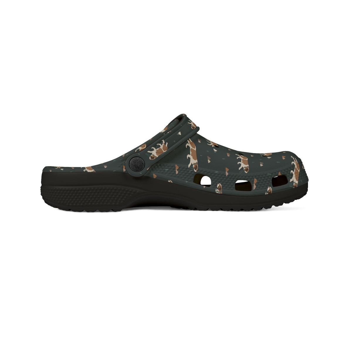 Black EVA clog shoes with an all-over forest green Saint Bernard and mountain pattern by Lucy and Norman