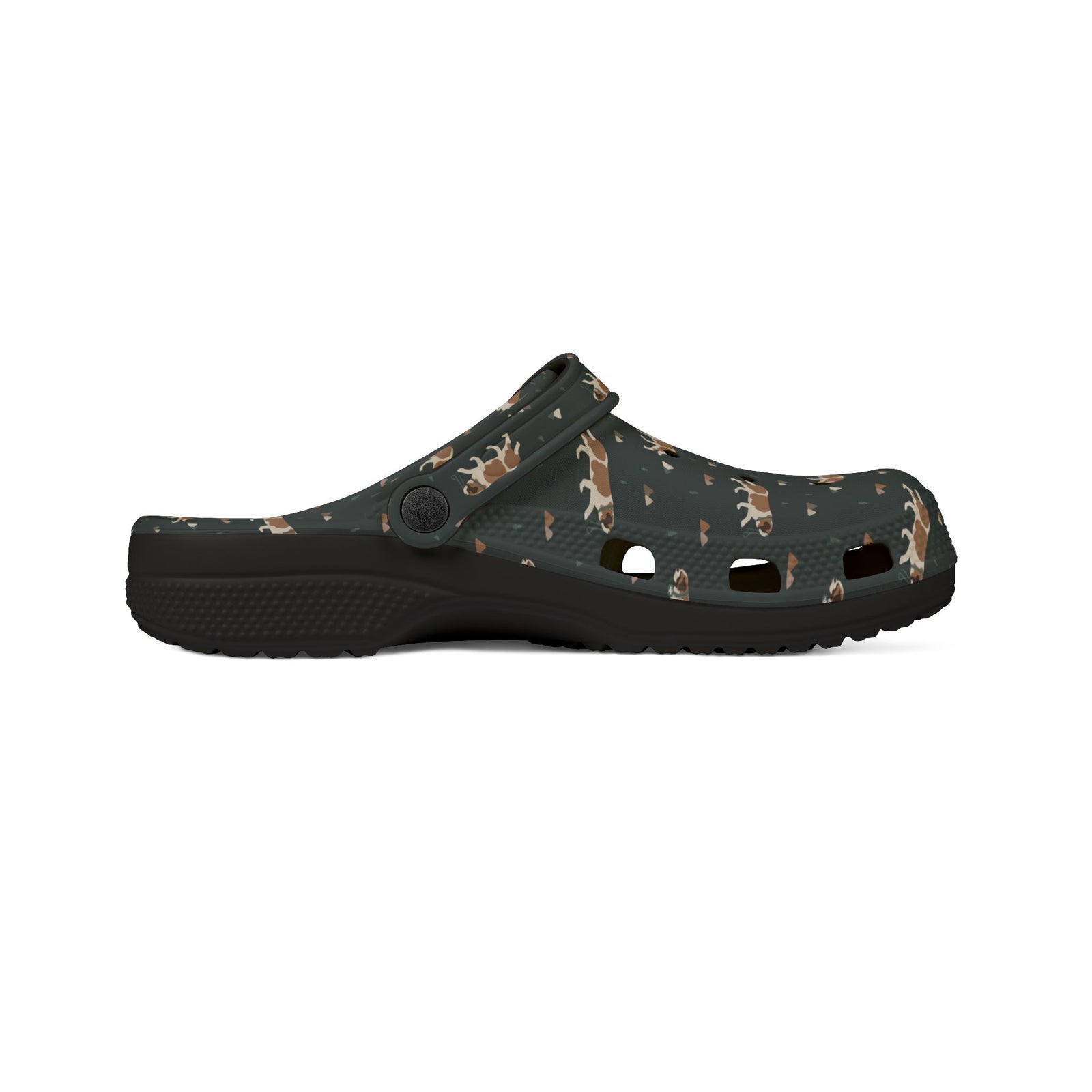Black EVA clog shoes with an all-over forest green Saint Bernard and mountain pattern by Lucy and Norman