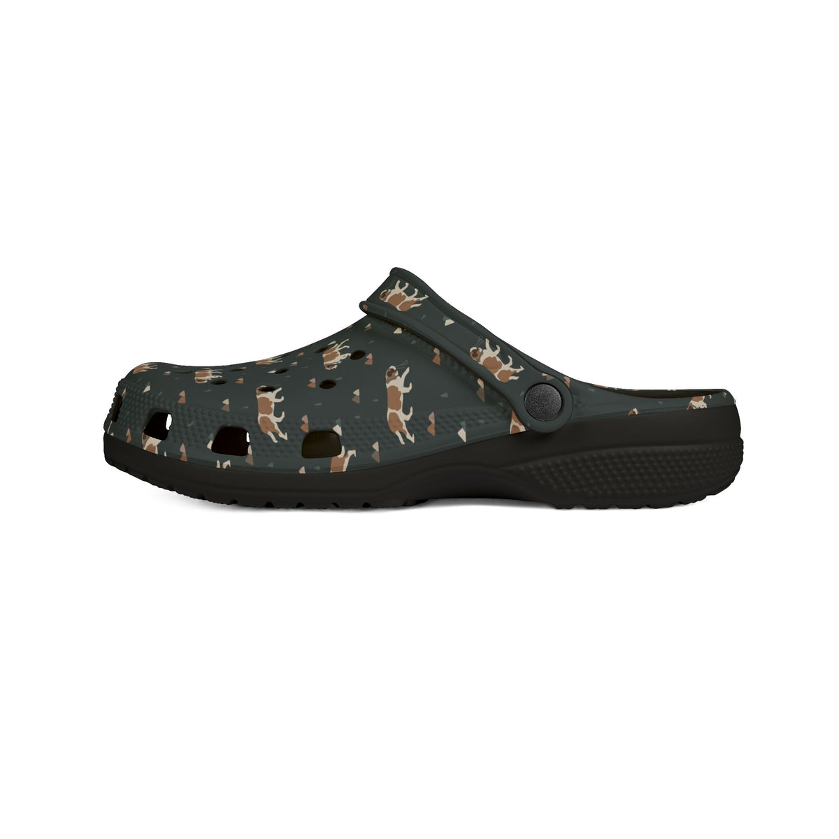 Black EVA clog shoes with an all-over forest green Saint Bernard and mountain pattern by Lucy and Norman