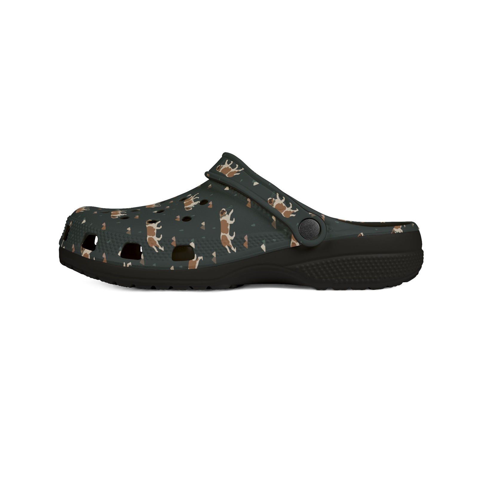 Black EVA clog shoes with an all-over forest green Saint Bernard and mountain pattern by Lucy and Norman