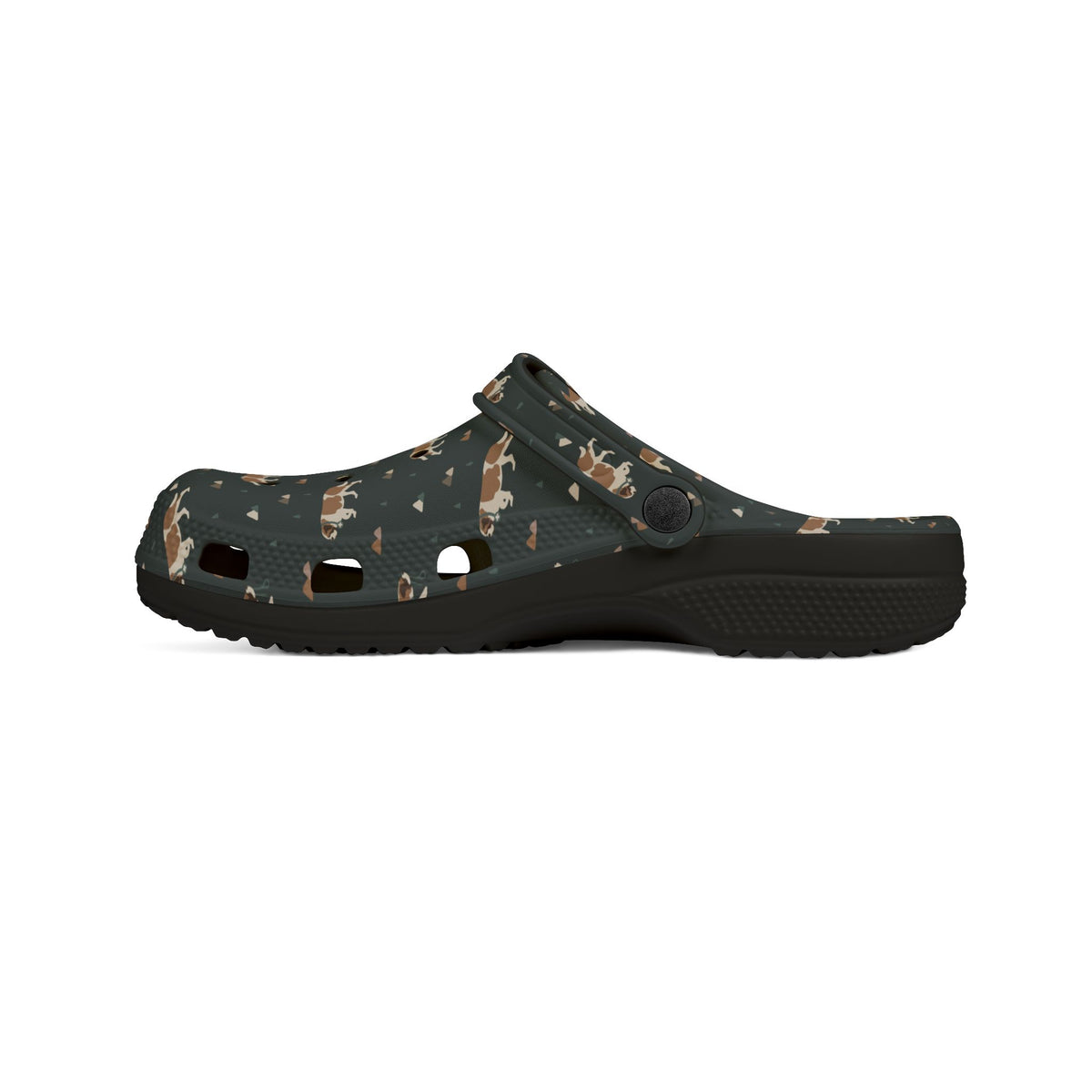 Black EVA clog shoes with an all-over forest green Saint Bernard and mountain pattern by Lucy and Norman
