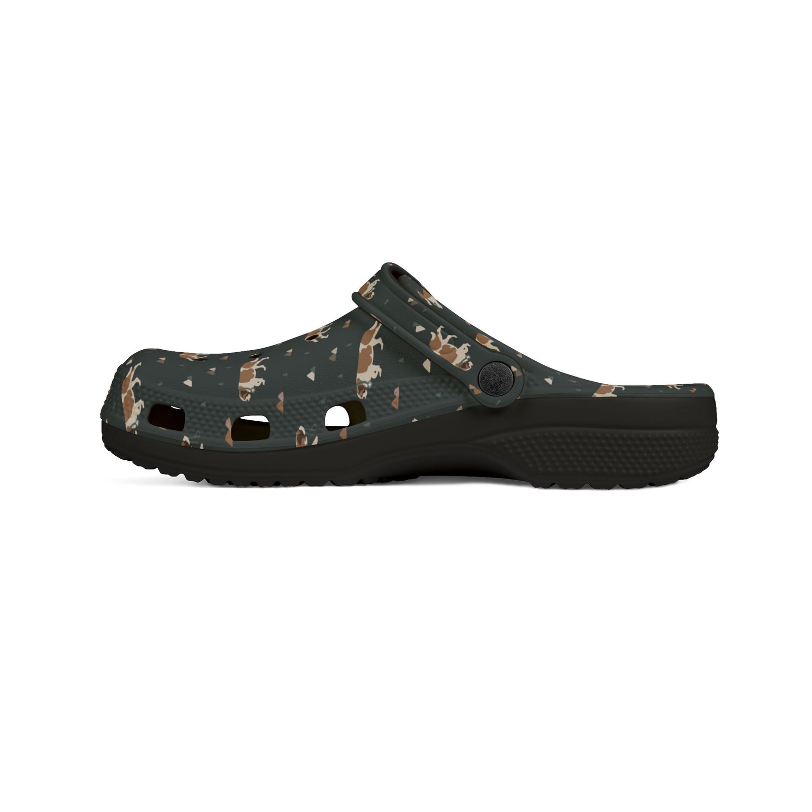 Black EVA clog shoes with an all-over forest green Saint Bernard and mountain pattern by Lucy and Norman