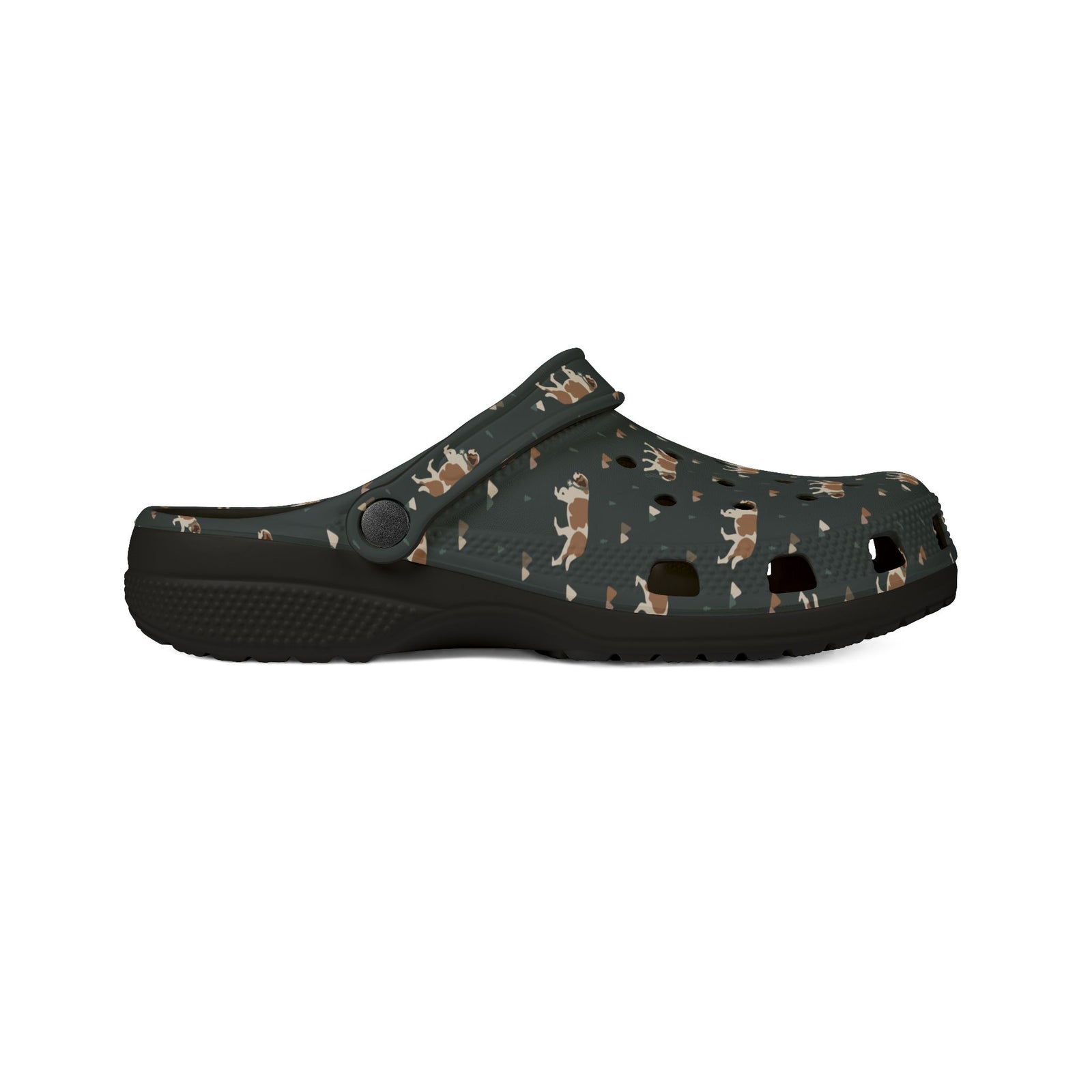 Black EVA clog shoes with an all-over forest green Saint Bernard and mountain pattern by Lucy and Norman
