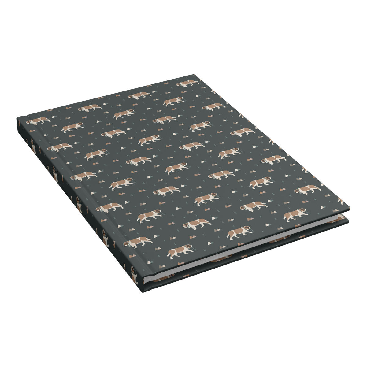 Green Mountain Saint Bernard hardcover lined journal with a forest-green cover featuring Saint Bernards walking among mountains and pine trees.