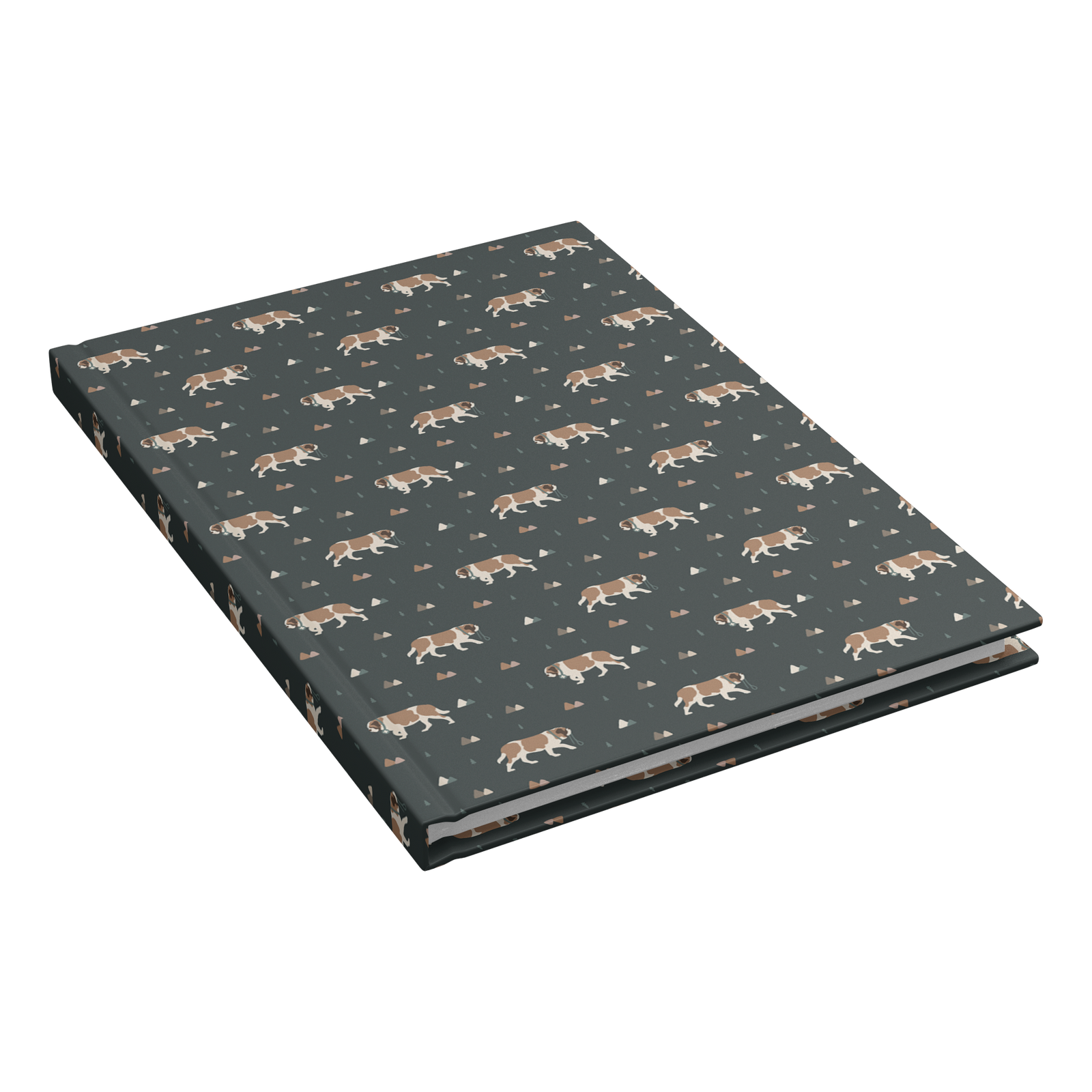 Green Mountain Saint Bernard hardcover lined journal with a forest-green cover featuring Saint Bernards walking among mountains and pine trees.