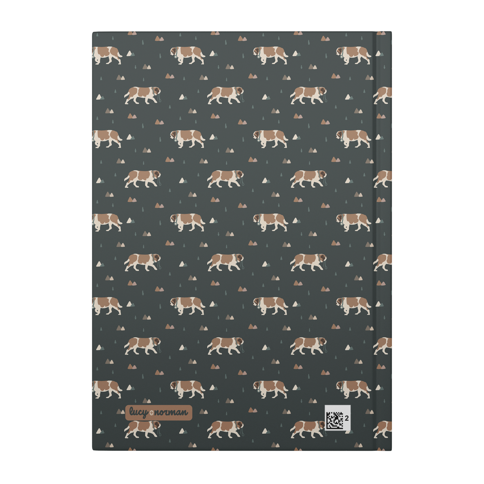 Green Mountain Saint Bernard hardcover lined journal with a forest-green cover featuring Saint Bernards walking among mountains and pine trees.
