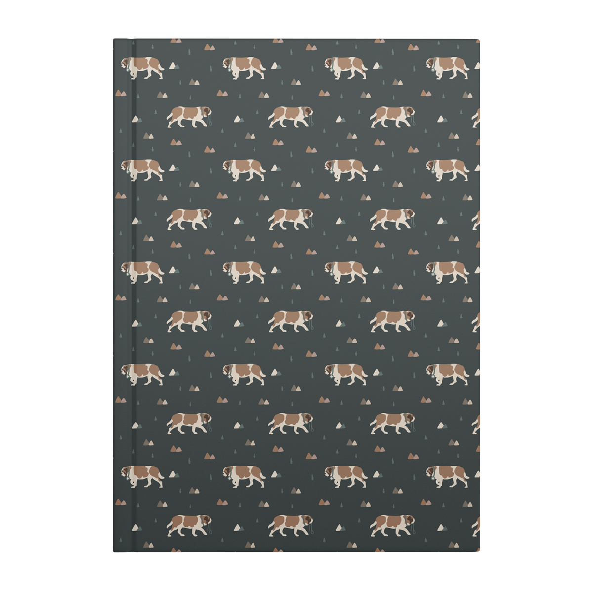 Green Mountain Saint Bernard hardcover lined journal with a forest-green cover featuring Saint Bernards walking among mountains and pine trees.