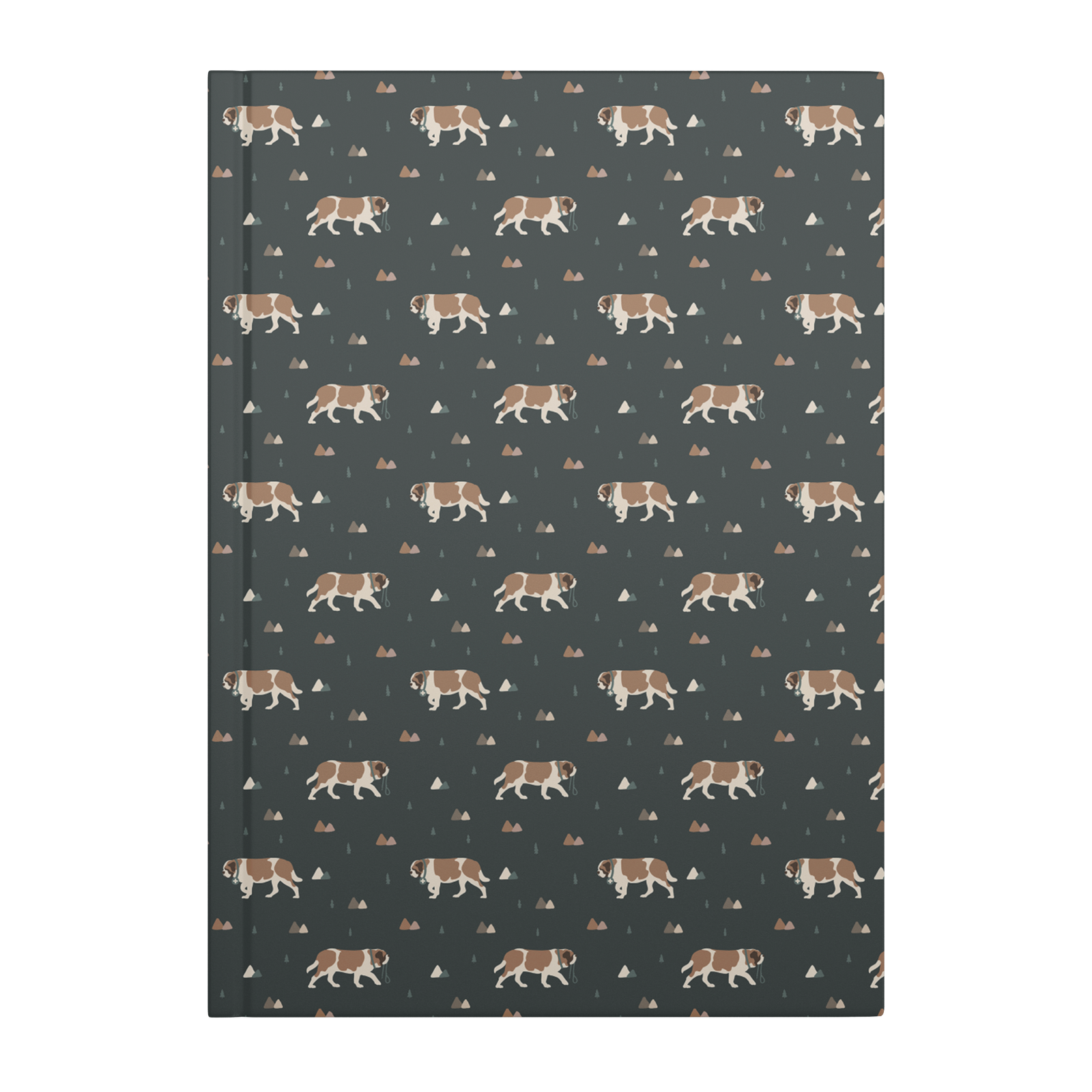 Green Mountain Saint Bernard hardcover lined journal with a forest-green cover featuring Saint Bernards walking among mountains and pine trees.