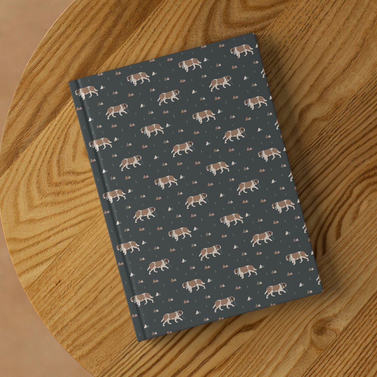 Green Mountain Saint Bernard hardcover lined journal with a forest-green cover featuring Saint Bernards walking among mountains and pine trees.