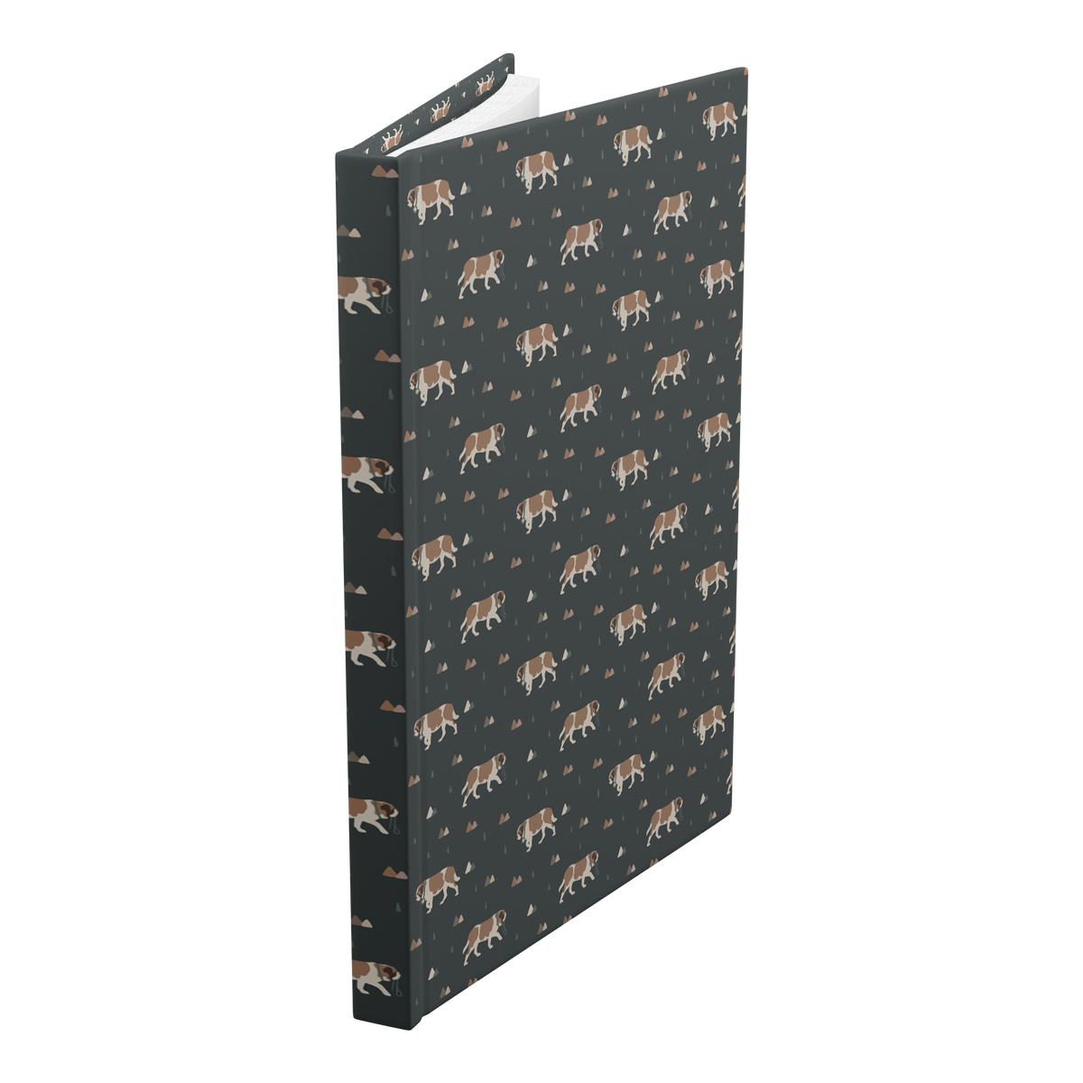 Green Mountain Saint Bernard hardcover lined journal with a forest-green cover featuring Saint Bernards walking among mountains and pine trees.