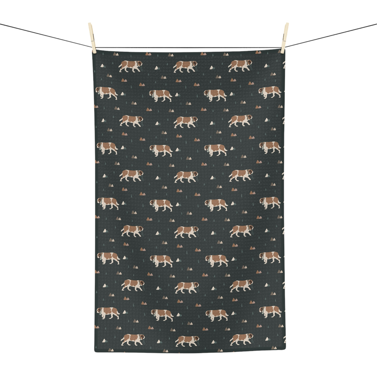 Green Mountain Saint Bernard microfiber tea towel with a forest-green print of Saint Bernards walking among mountains and pine trees.