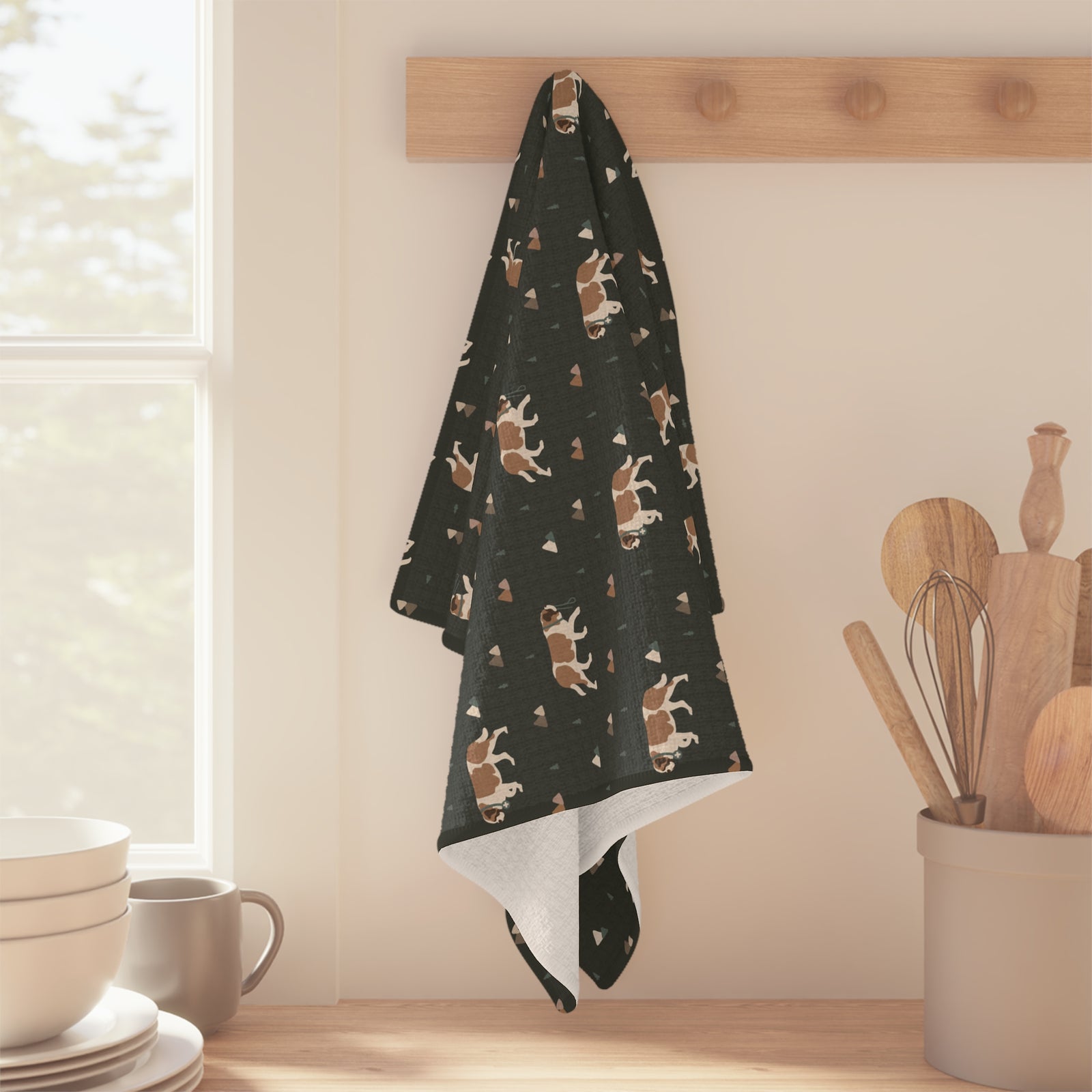 Green Mountain Saint Bernard microfiber tea towel with a forest-green print of Saint Bernards walking among mountains and pine trees.