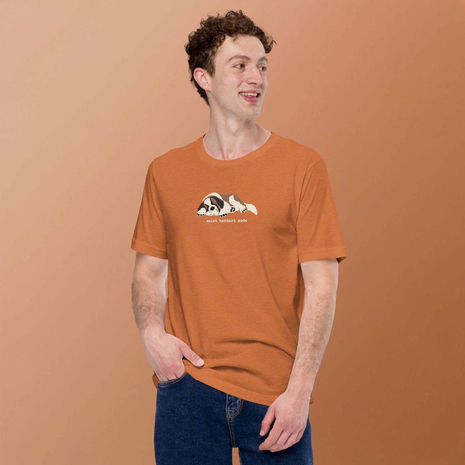 Autumn lightweight t-shirt with a sleeping Saint Bernard illustration and 'saint bernard mode' text" by Lucy + Norman.