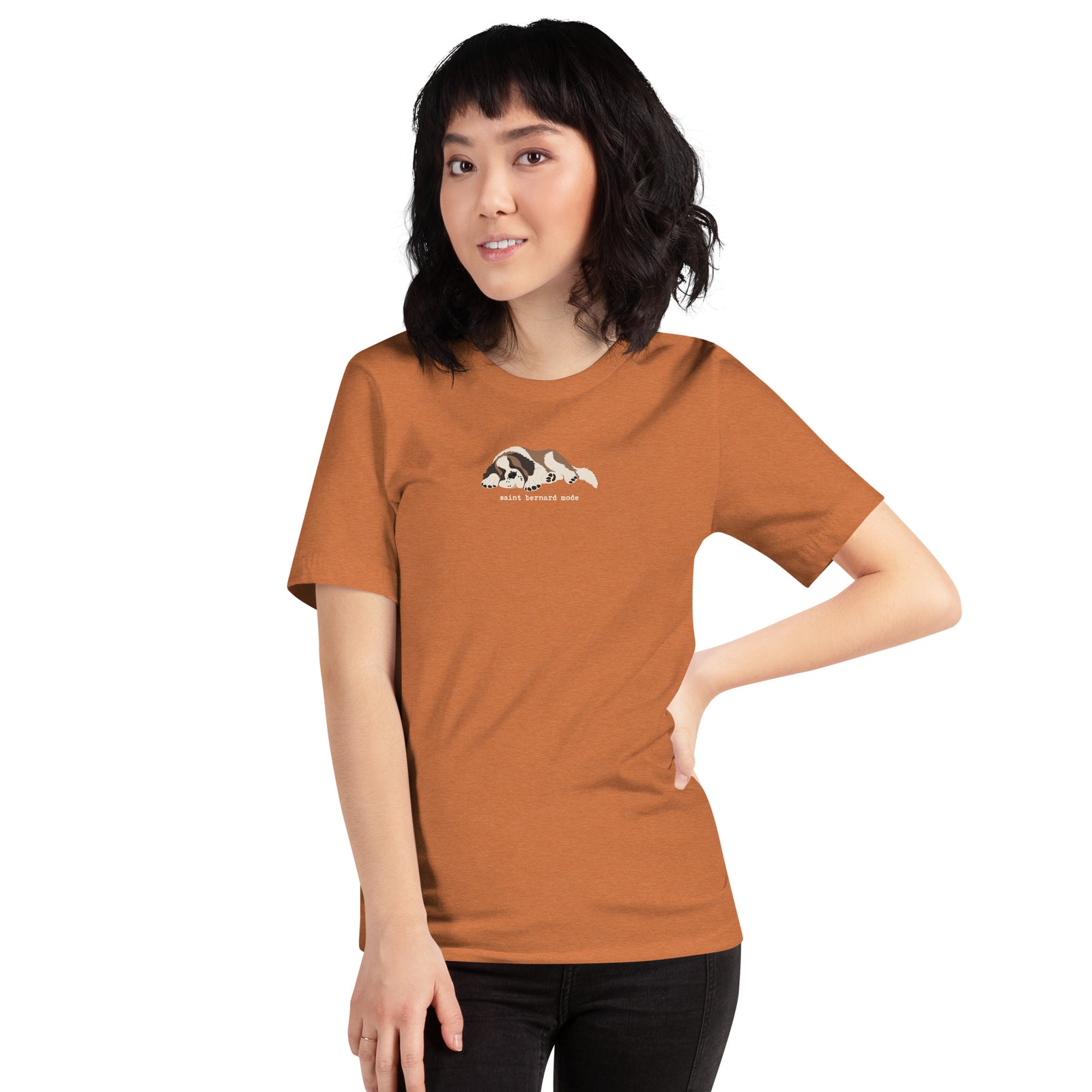 Autumn Lightweight t-shirt with a sleeping Saint Bernard illustration and 'saint bernard mode' text" by Lucy + Norman.