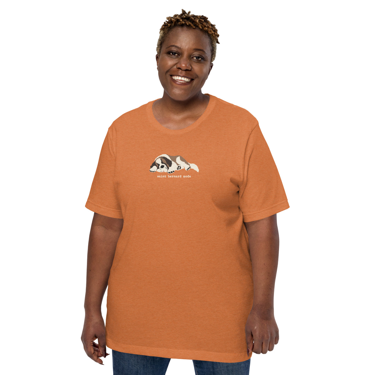 Autumn lightweight t-shirt with a sleeping Saint Bernard illustration and 'saint bernard mode' text" by Lucy + Norman.