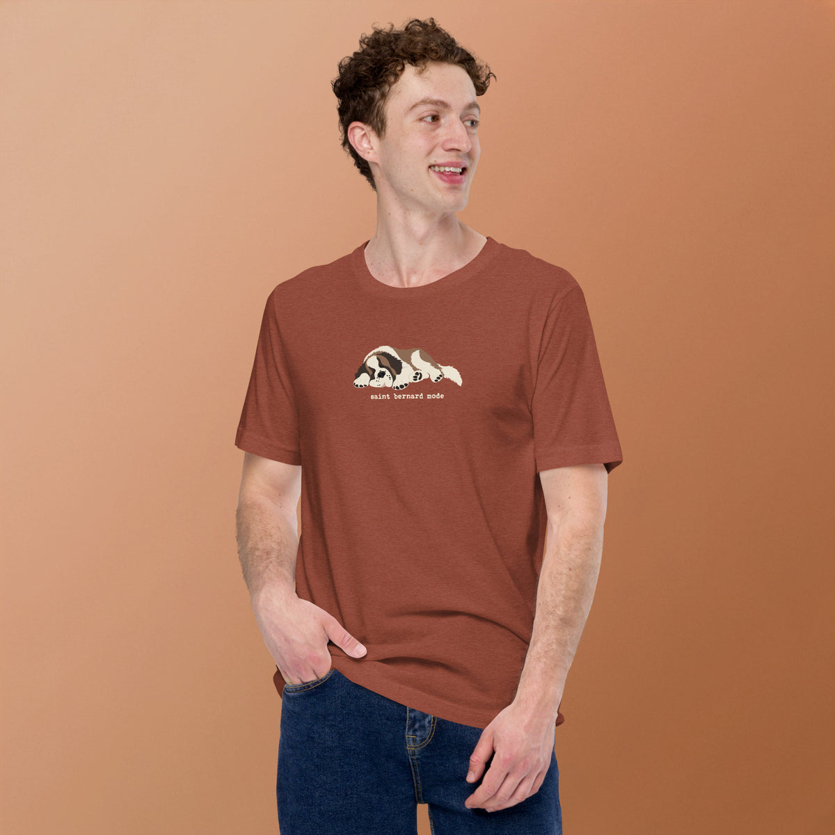 Lightweight t-shirt in clay with a sleeping Saint Bernard illustration and 'saint bernard mode' text" by Lucy + Norman.