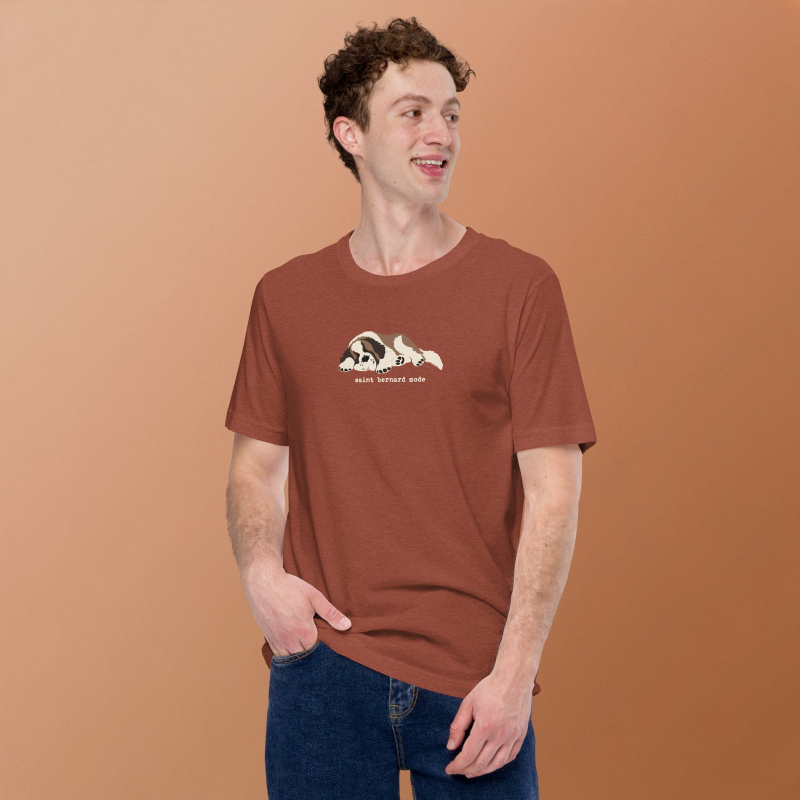Lightweight t-shirt in clay with a sleeping Saint Bernard illustration and 'saint bernard mode' text" by Lucy + Norman.