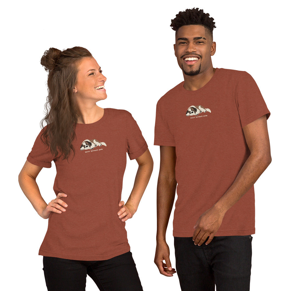 Lightweight t-shirt in clay with a sleeping Saint Bernard illustration and 'saint bernard mode' text" by Lucy + Norman.