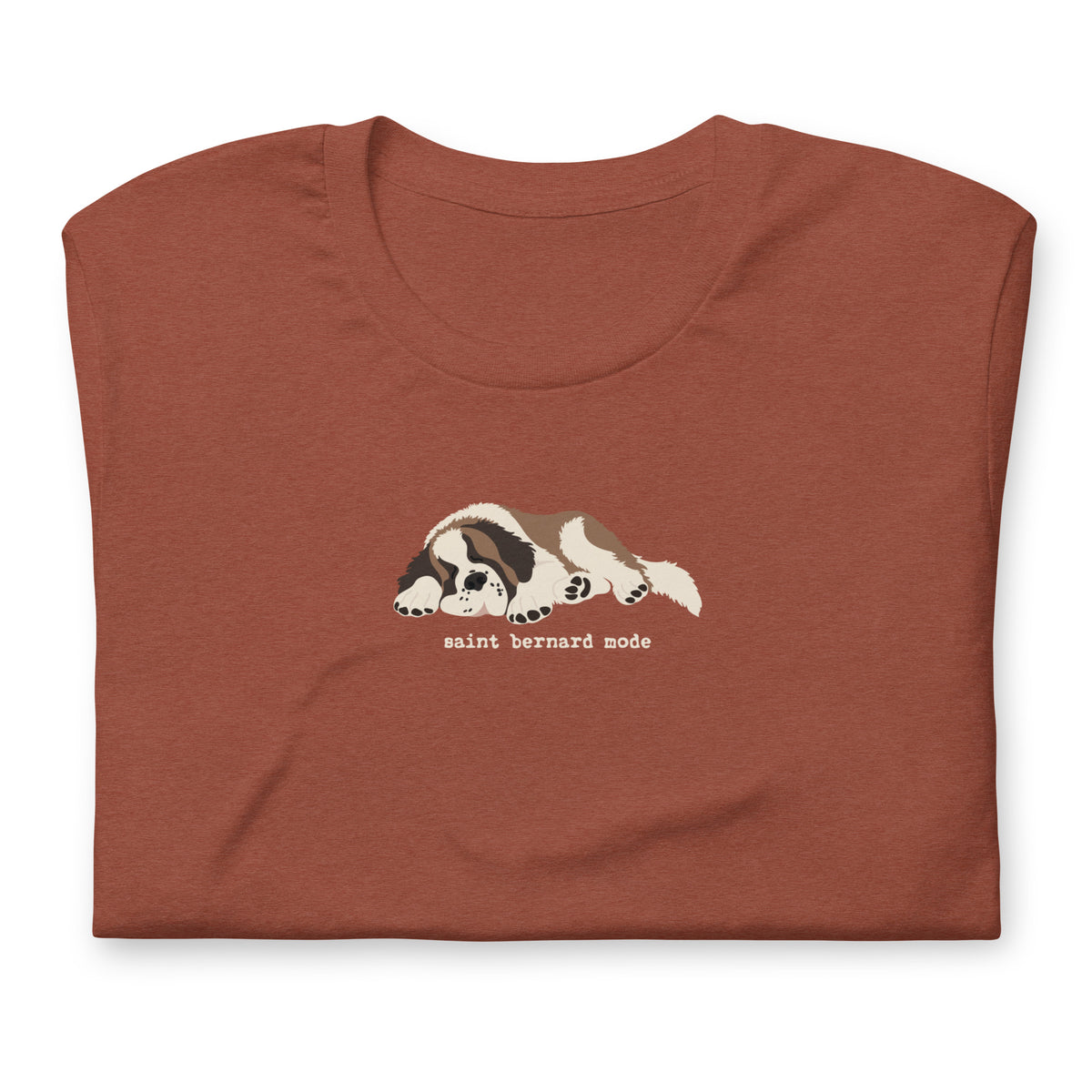 Lightweight t-shirt in clay with a sleeping Saint Bernard illustration and 'saint bernard mode' text" by Lucy + Norman.