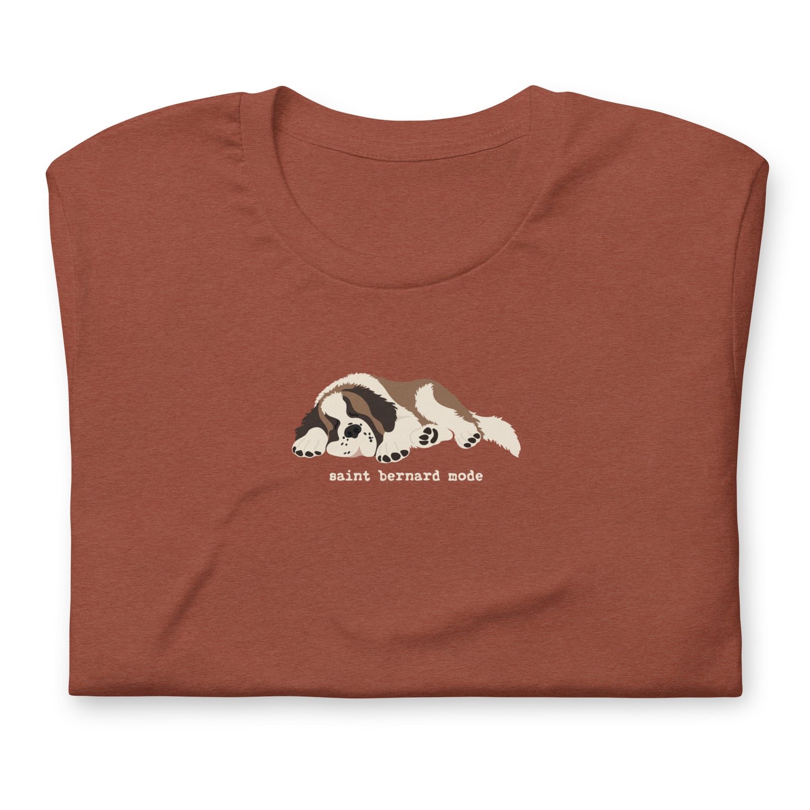 Lightweight t-shirt in clay with a sleeping Saint Bernard illustration and 'saint bernard mode' text" by Lucy + Norman.