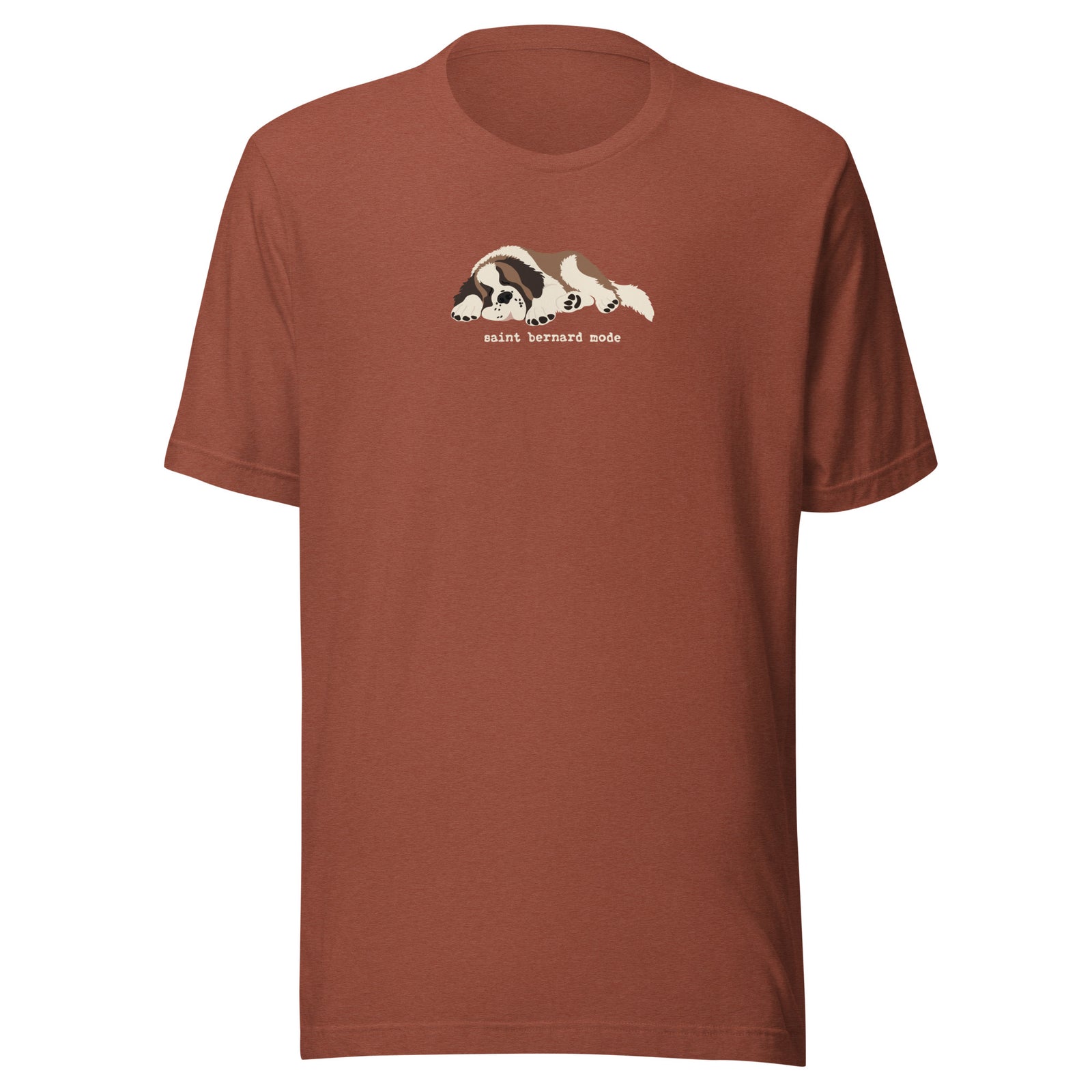 Lightweight t-shirt in clay with a sleeping Saint Bernard illustration and 'saint bernard mode' text" by Lucy + Norman.