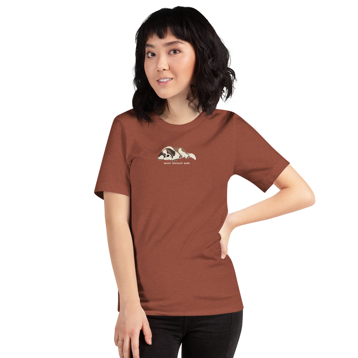 Lightweight t-shirt in clay with a sleeping Saint Bernard illustration and 'saint bernard mode' text" by Lucy + Norman.