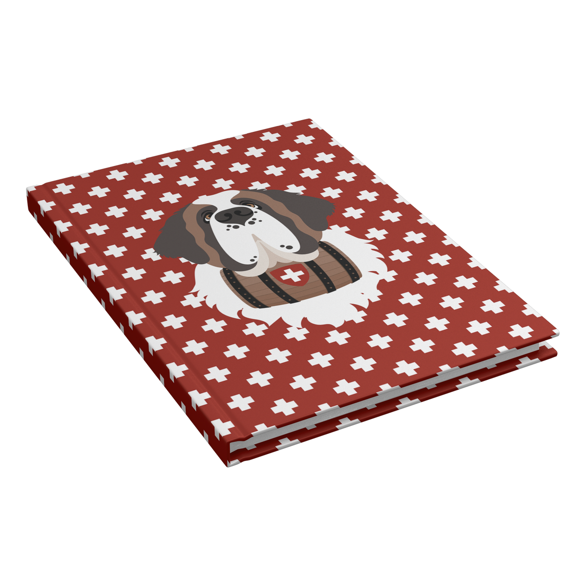 Swiss Cross Red Saint Bernard hardcover lined journal with a rich red cover featuring a Saint Bernard and rescue barrel among white Swiss crosses.