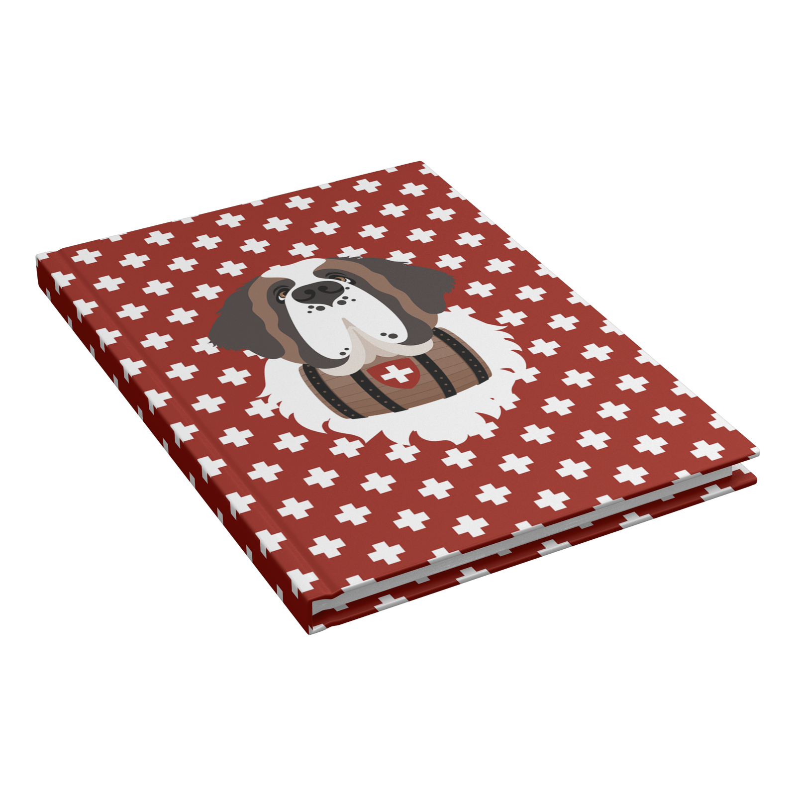 Swiss Cross Red Saint Bernard hardcover lined journal with a rich red cover featuring a Saint Bernard and rescue barrel among white Swiss crosses.