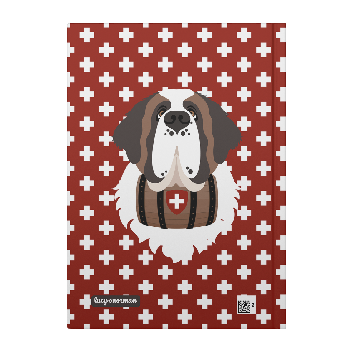 Swiss Cross Red Saint Bernard hardcover lined journal with a rich red cover featuring a Saint Bernard and rescue barrel among white Swiss crosses.