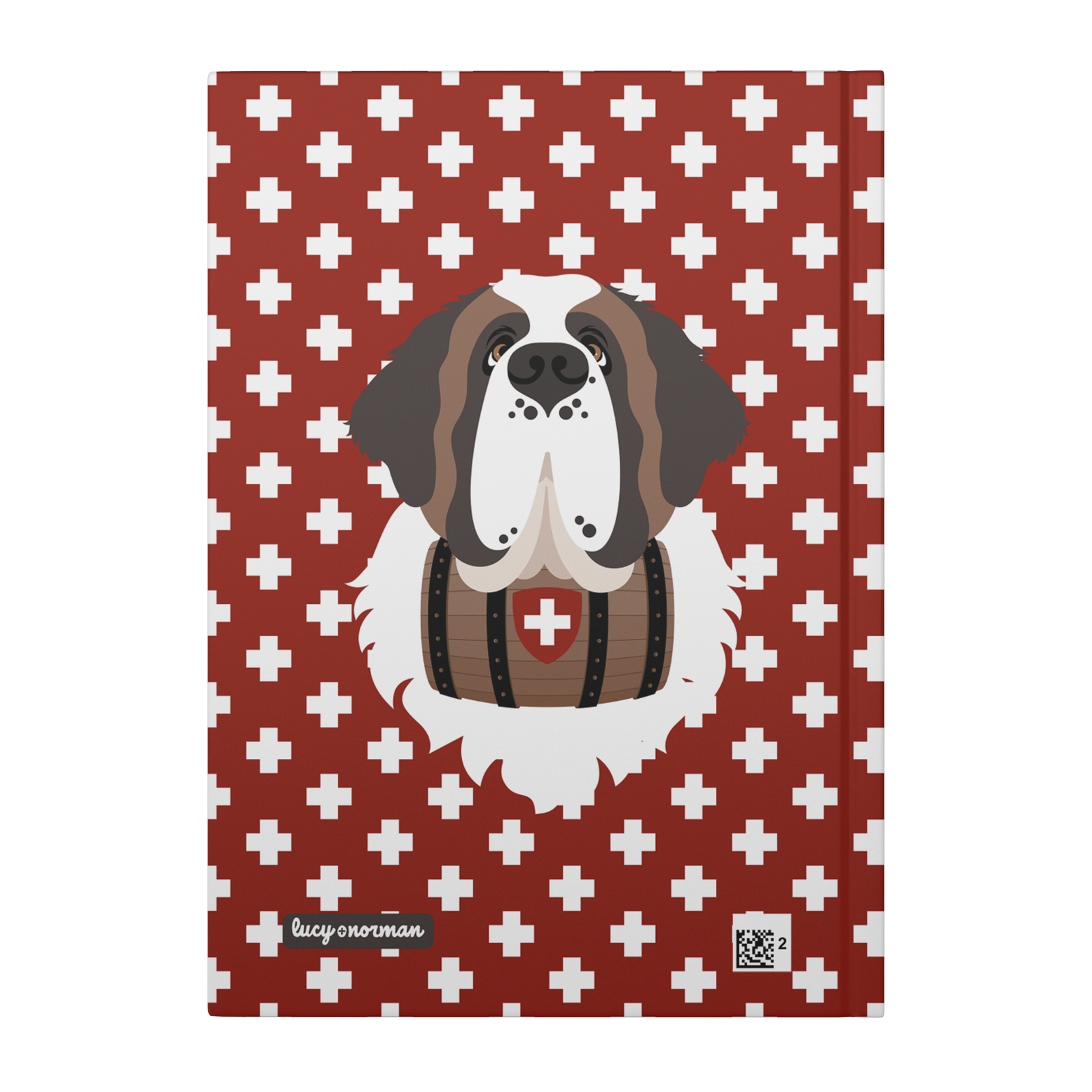 Swiss Cross Red Saint Bernard hardcover lined journal with a rich red cover featuring a Saint Bernard and rescue barrel among white Swiss crosses.