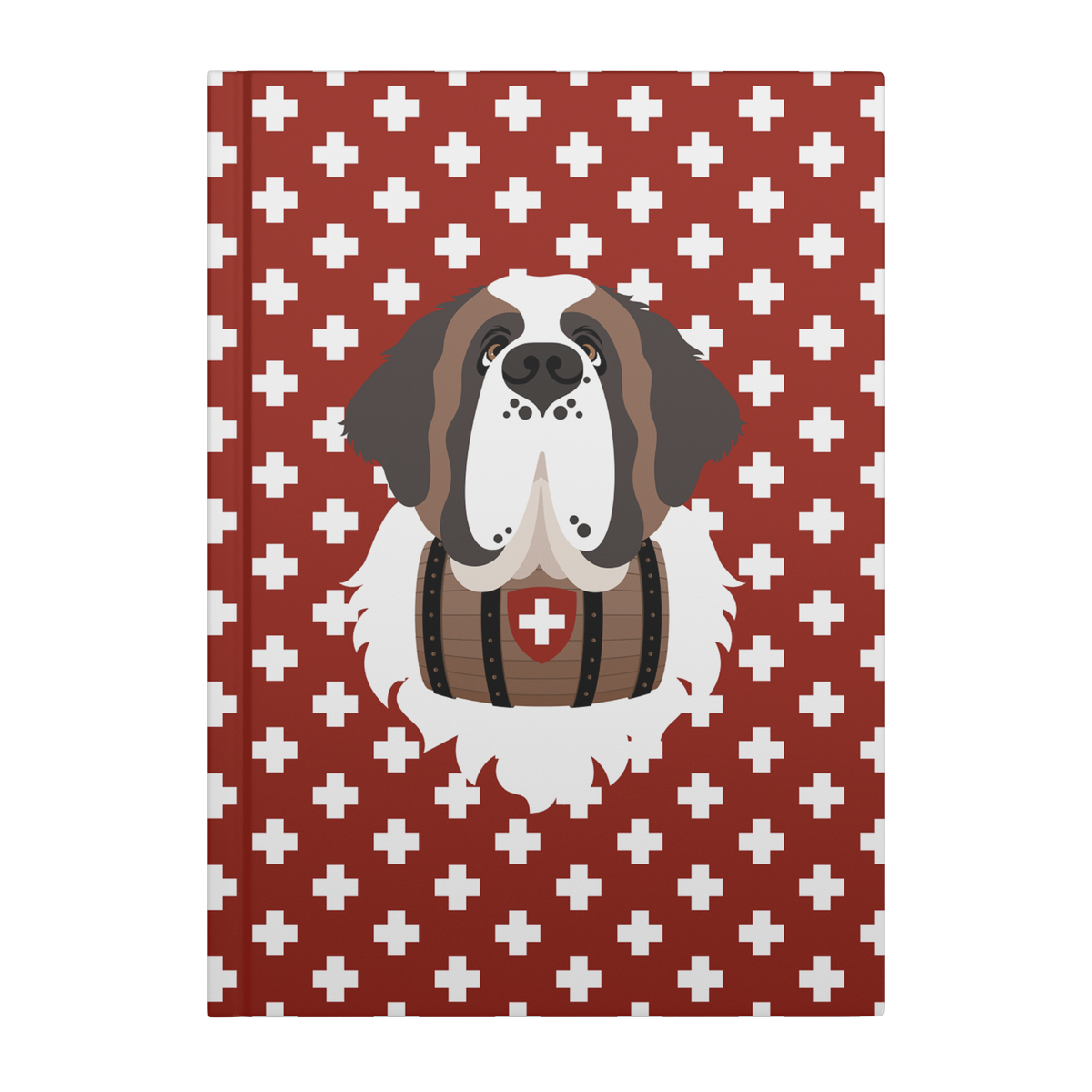 Swiss Cross Red Saint Bernard hardcover lined journal with a rich red cover featuring a Saint Bernard and rescue barrel among white Swiss crosses.