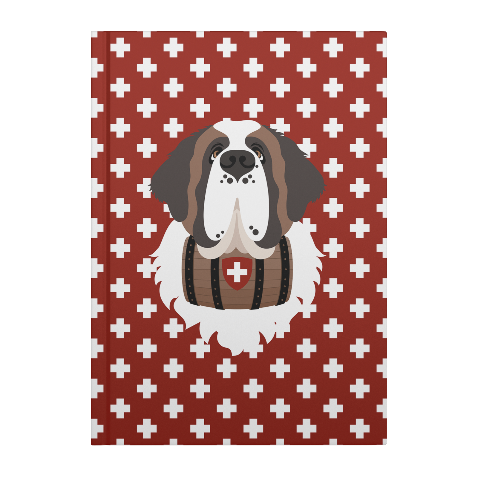 Swiss Cross Red Saint Bernard hardcover lined journal with a rich red cover featuring a Saint Bernard and rescue barrel among white Swiss crosses.