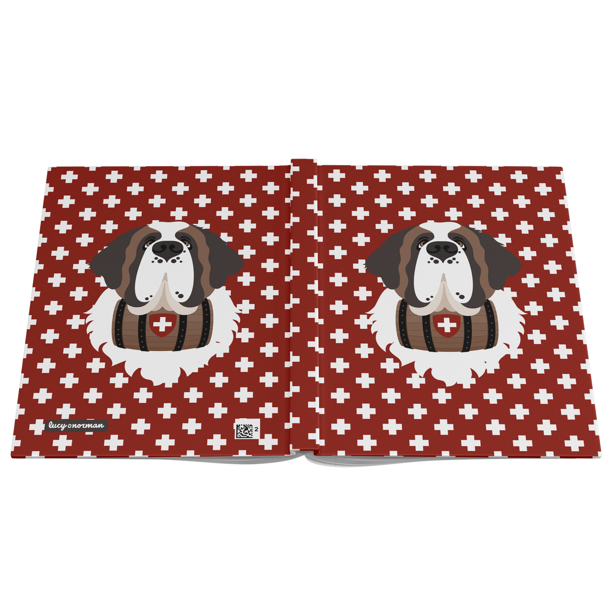 Swiss Cross Red Saint Bernard hardcover lined journal with a rich red cover featuring a Saint Bernard and rescue barrel among white Swiss crosses.