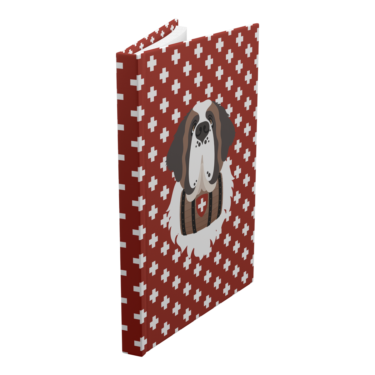 Swiss Cross Red Saint Bernard hardcover lined journal with a rich red cover featuring a Saint Bernard and rescue barrel among white Swiss crosses.