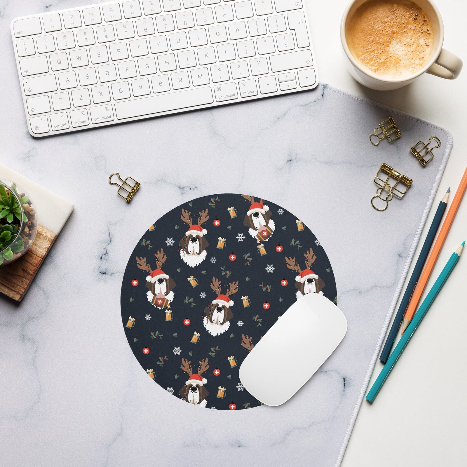 Saint Bernard Reindeer Beer Round Mouse Pad - Lucy + Norman